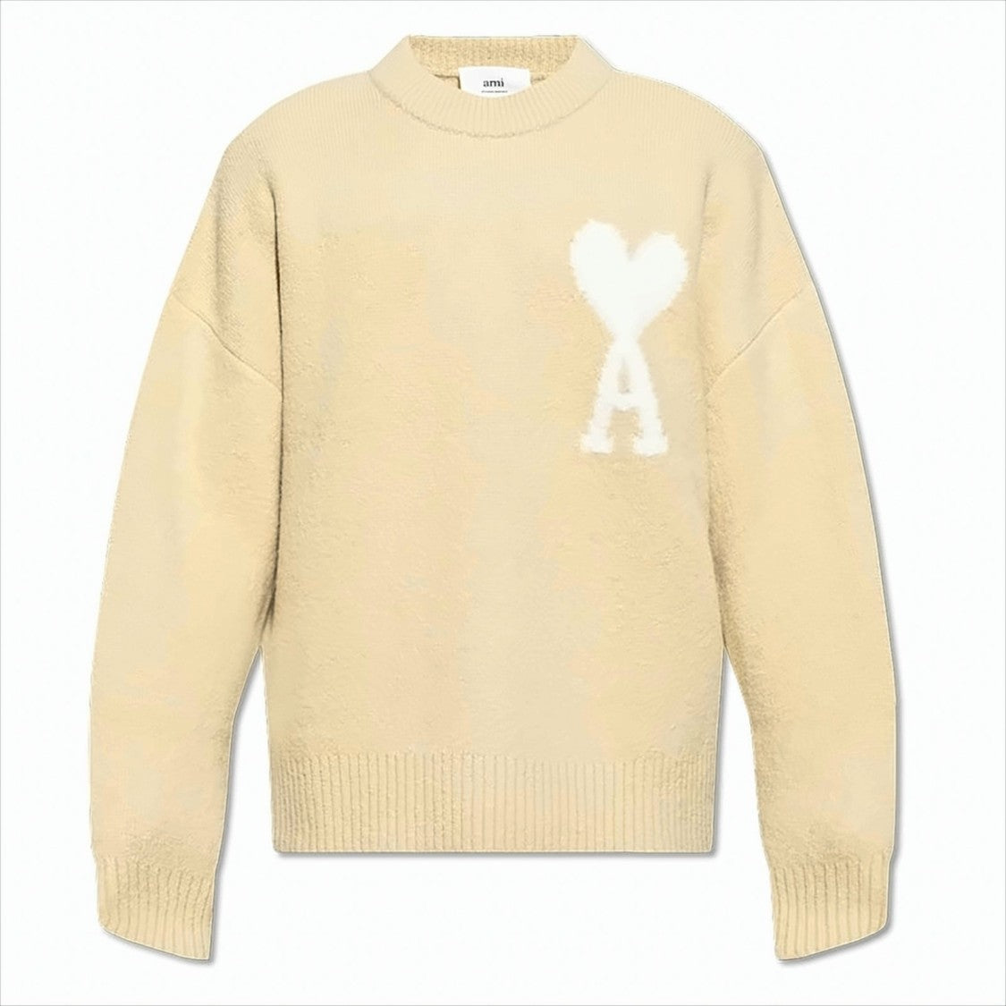 Ami Round Neck Knit Sweater With Fuzzy Heart Logo