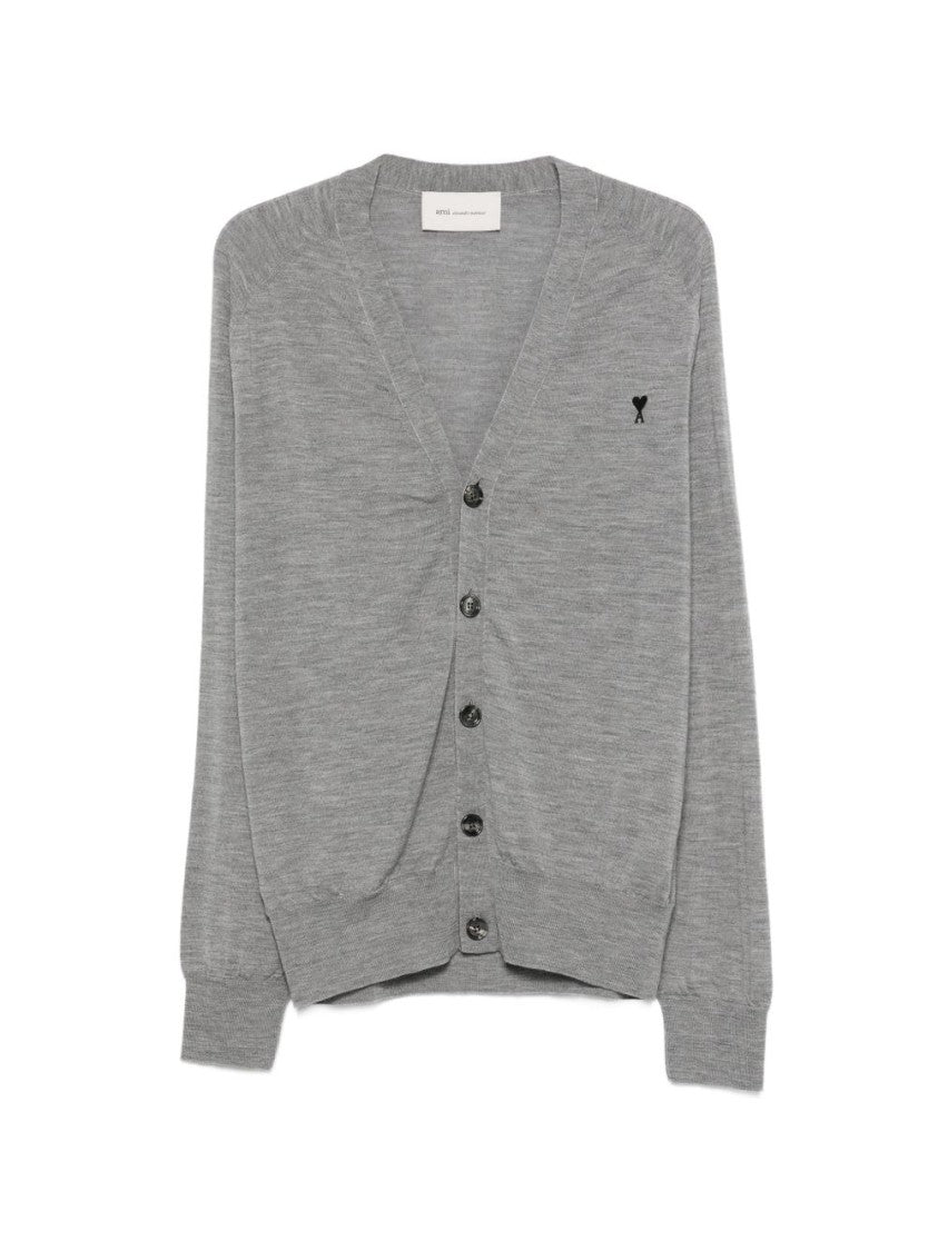 Ami Paris Grey V-Neck Button Front Logo Sweater