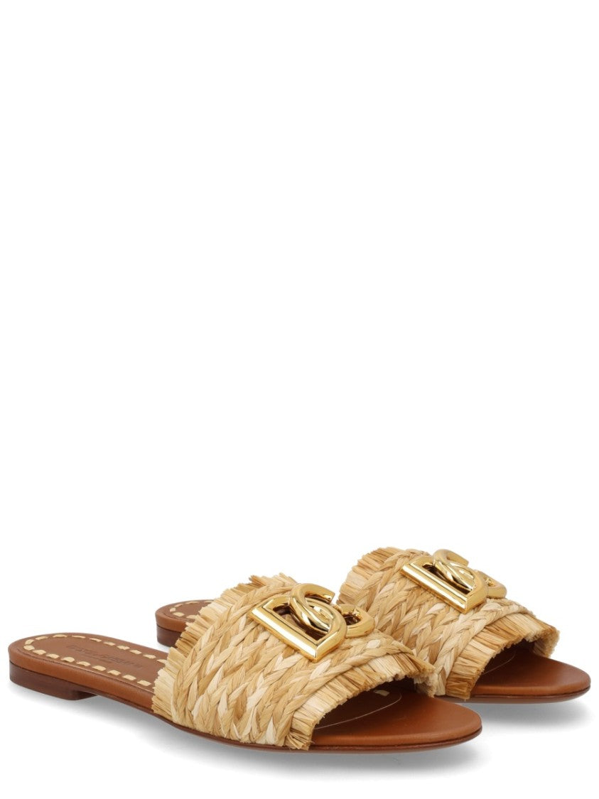Dolce & Gabbana Woven Raffia Fringe Logo Slides