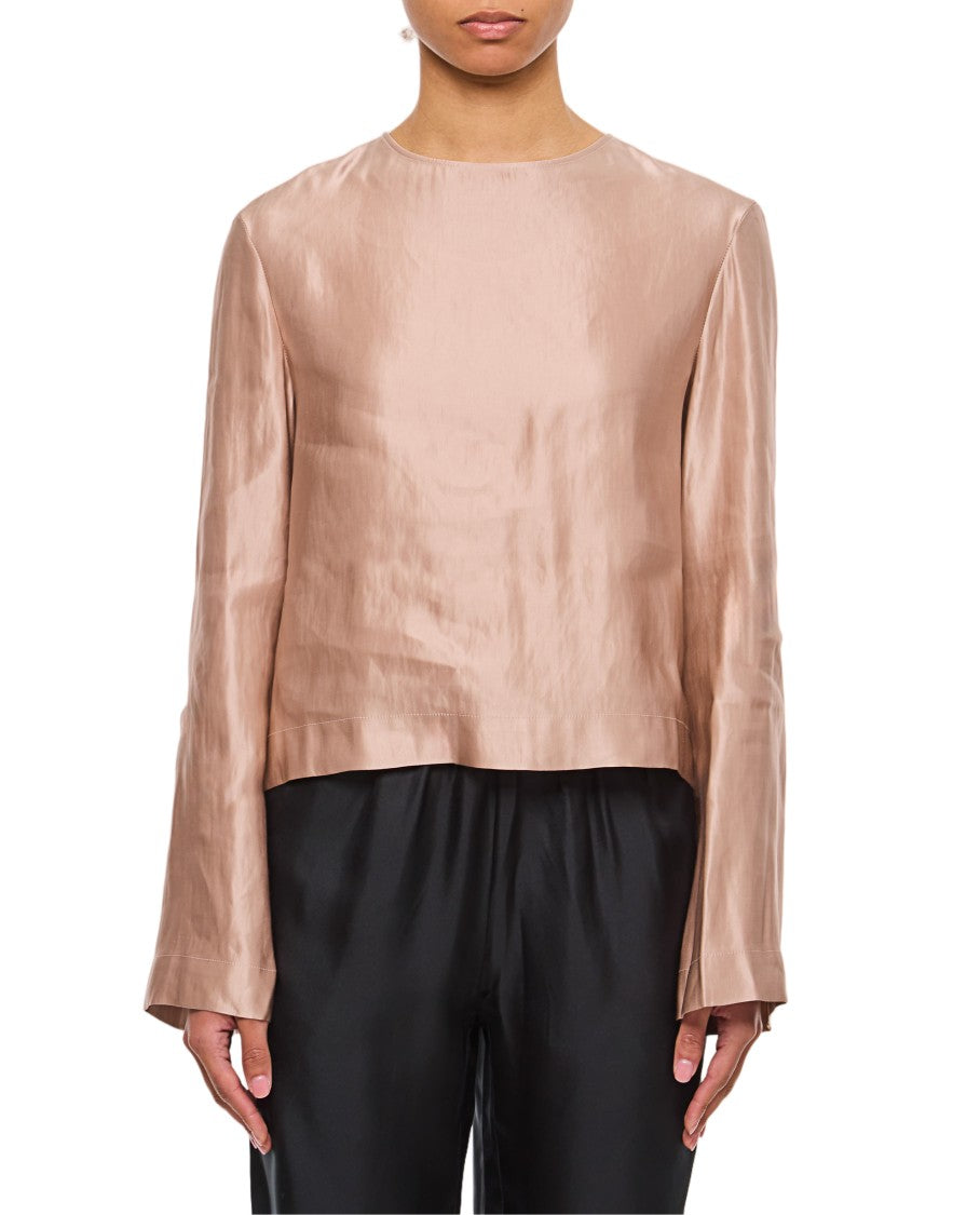 Loulou De Saison Silk And Linen Round Neck Blouse With Invisible Zipper