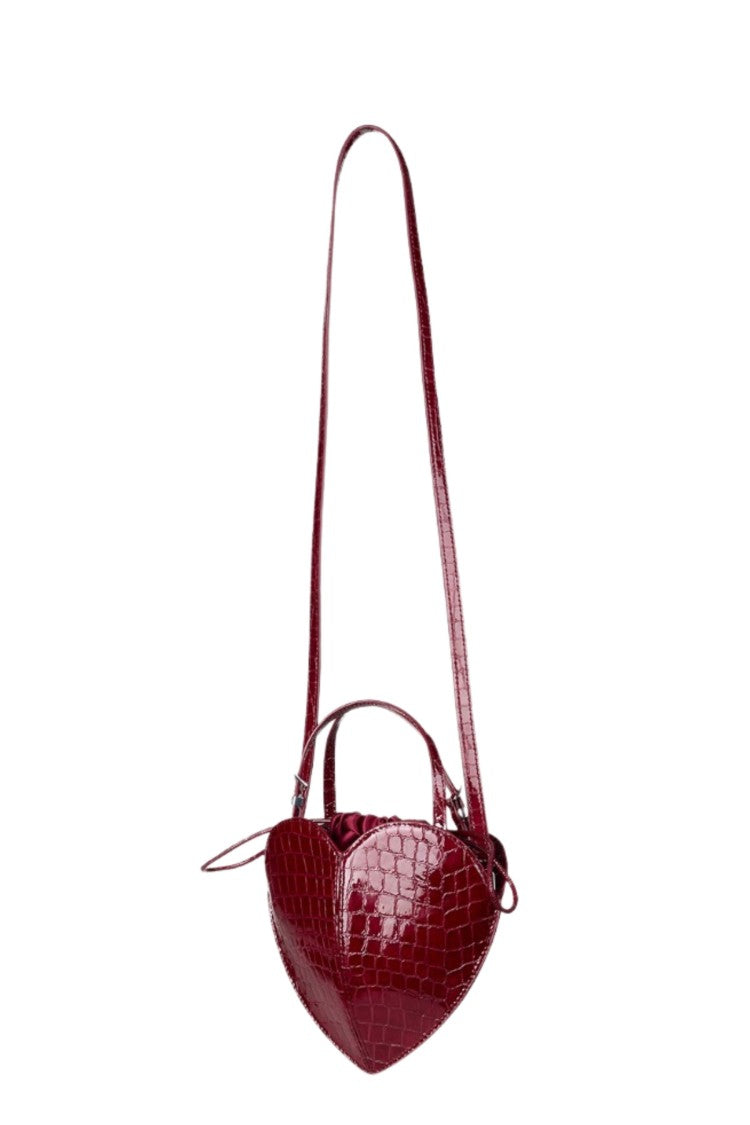 Rotate Shiny Crocodile-Effect Heart Bag With Adjustable Strap
