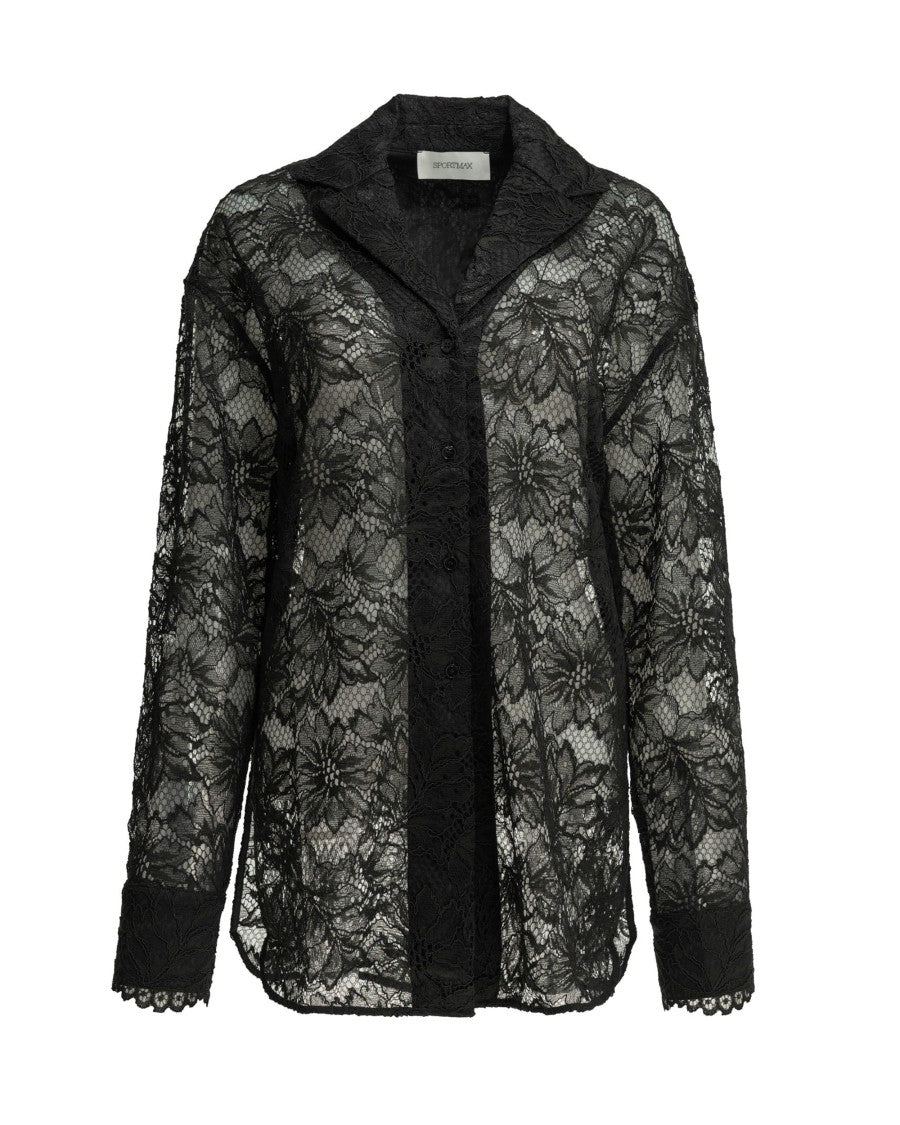 Sportmax Black Floral Lace Oversized Shirt With Notched Collar And Poplin Accents