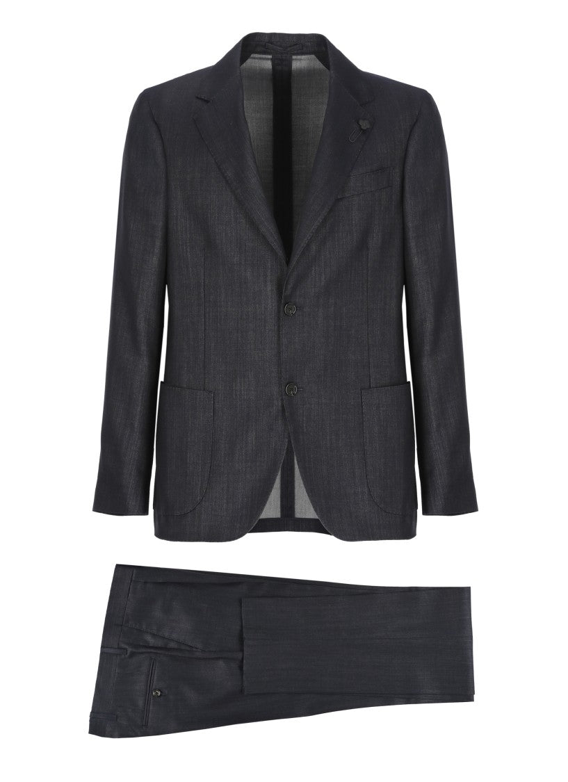 Lardini Blue Black Buttons Flower Accent Suit