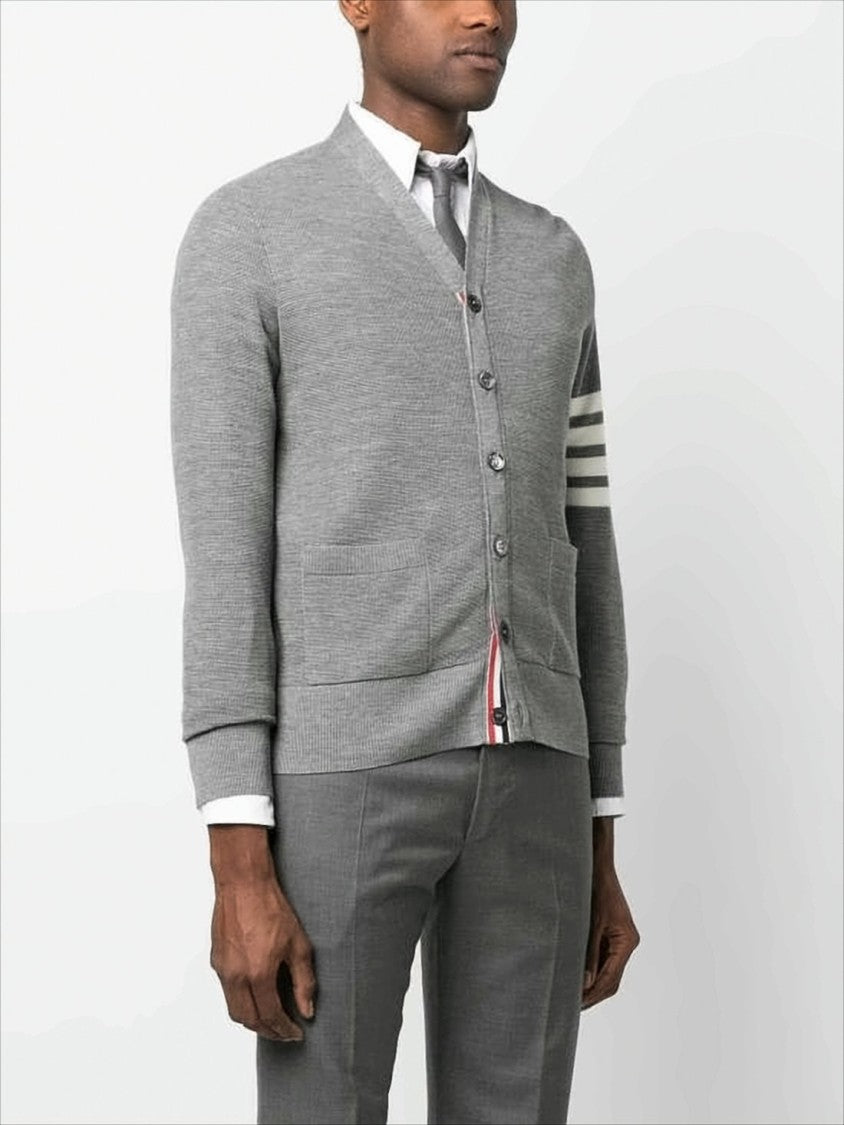 Thom Browne V-Neck Hand-Knitted Grey Wool Cardigan With Signature Stripes