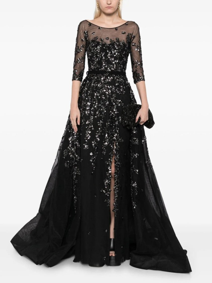 Saiid Kobeisy Tulle Beaded Dress With Envelope Skirt And Overskirt