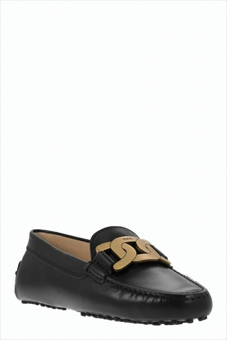 Tod's Black Leather Loafers With Gold-Tone Chain Detail