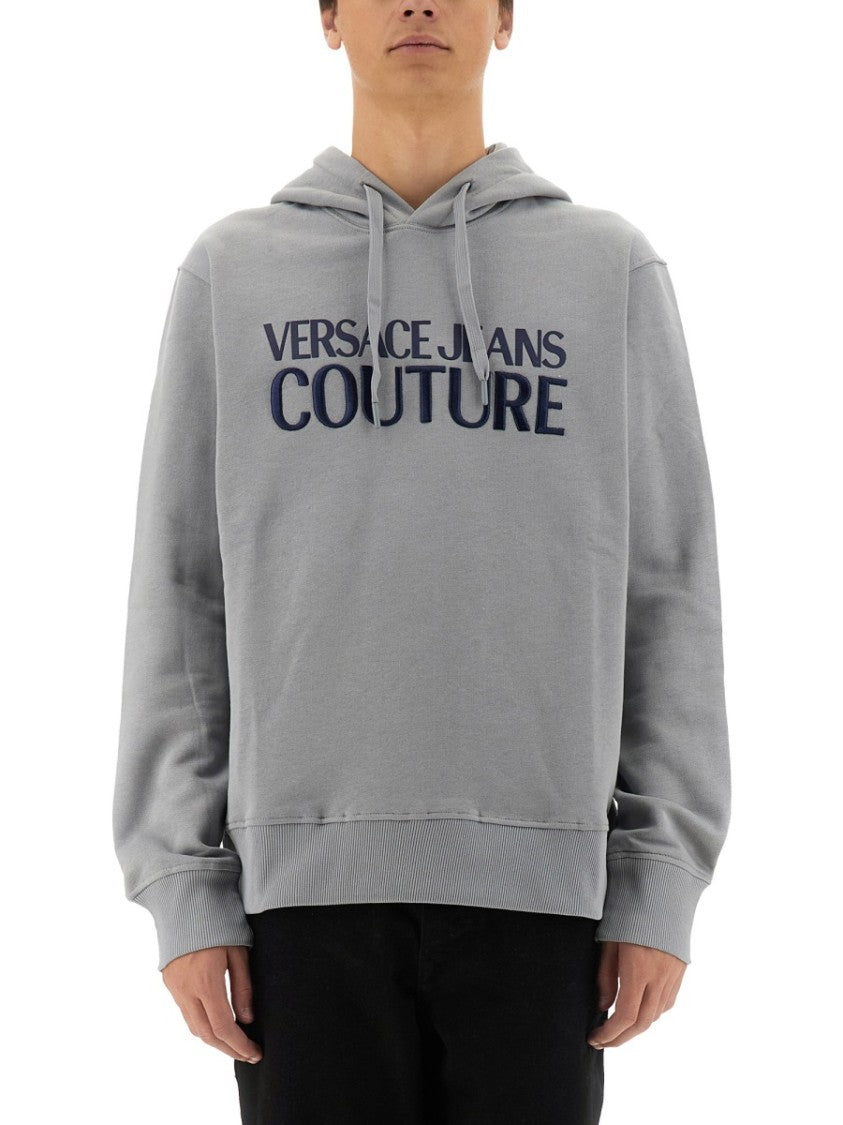 Versace Jeans Couture Grey Logo Print Sweatshirt With Classic Hood