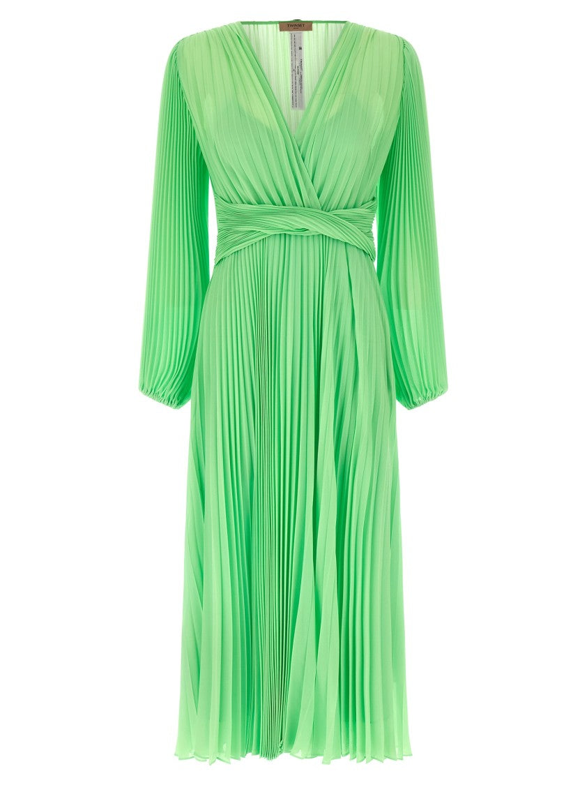 Twin-Set Long Pleated Dress With Deep V-Neck