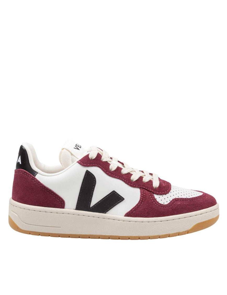 Veja V-10 Leather Sneakers In Burgundy And White
