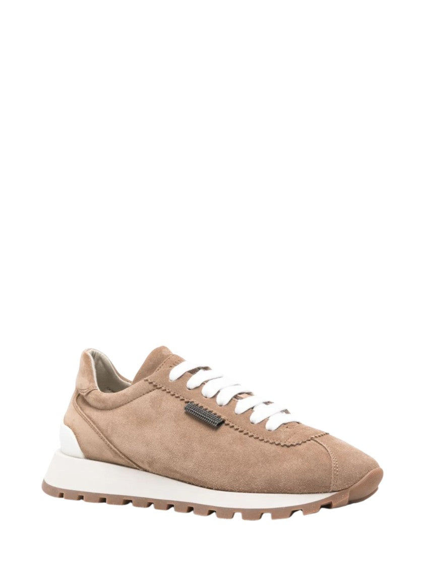 Brunello Cucinelli Beige Monile Detail Suede Sneakers