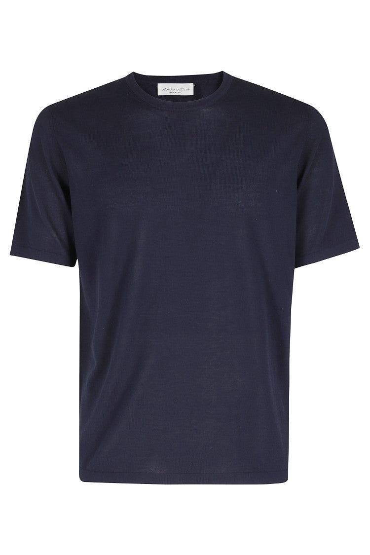 Roberto Collina Blue Short Sleeve Ribbed Trim Cotton Knit T-Shirt