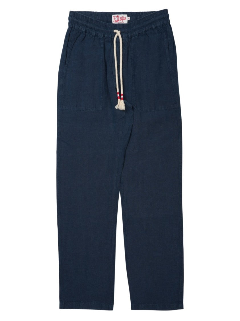 Mc2 Saint Barth Relaxed Fit Blue Linen Trousers With Drawstring Waistband