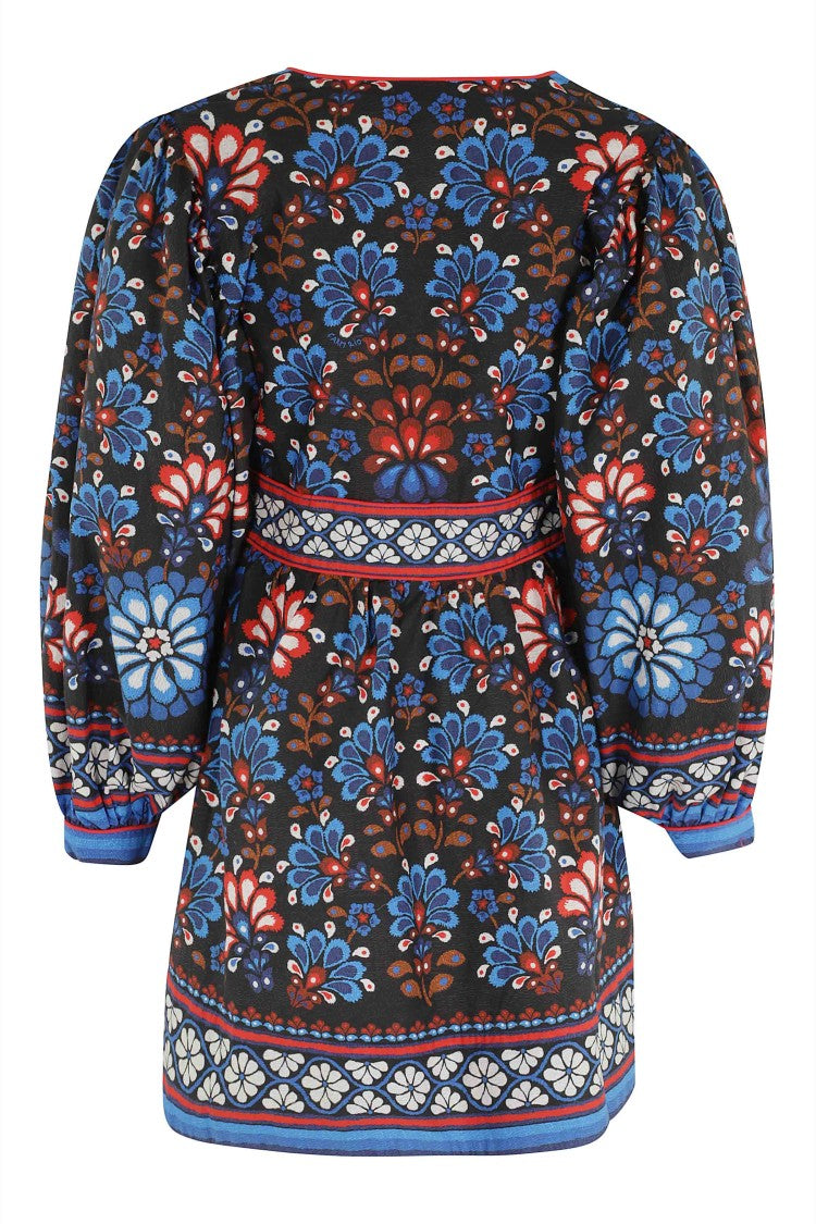 Farm Rio Black Blue Latina Scarf Deep V-Neck Cotton Mini Dress