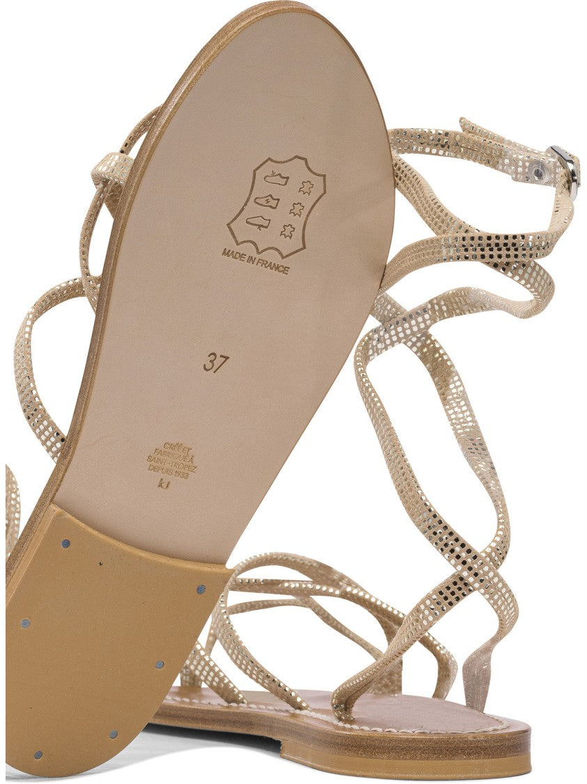 K.Jacques Flat Leather Sandals With Textured Straps