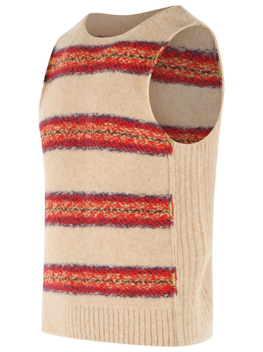 Dries Van Noten Beige Alpaca Blend Vest With Horizontal Stripe Pattern