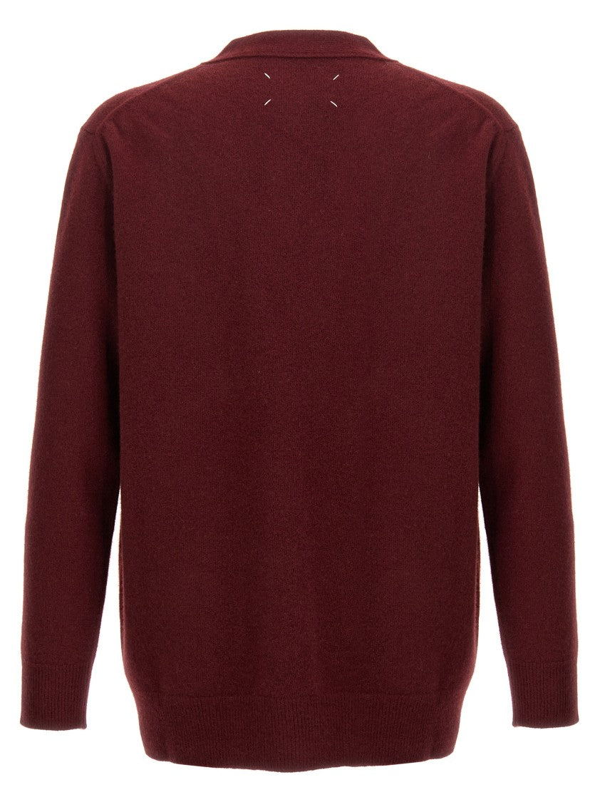 Maison Margiela Burgundy Wool Cardigan With Deep V-Neck And Relaxed Fit