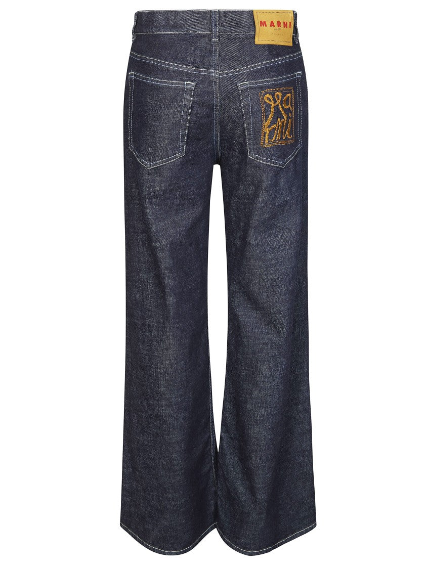 Marni Indigo Wide Leg Golden Embroidered Jeans