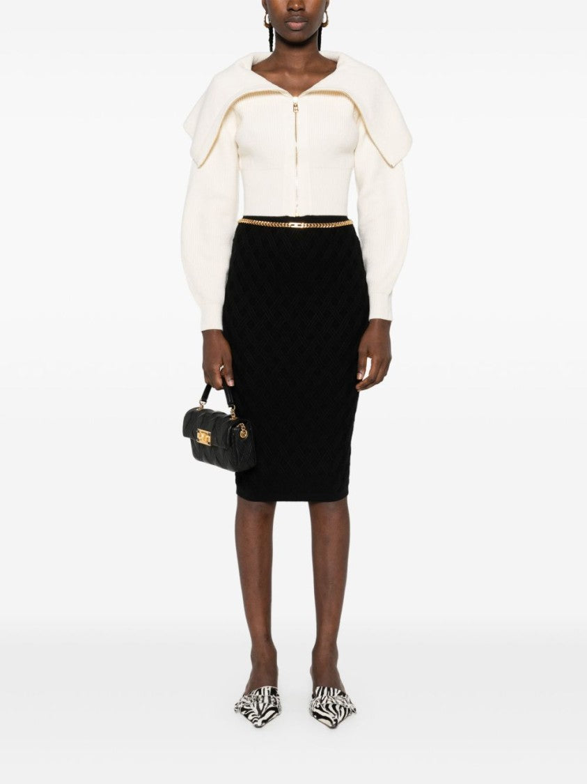 Elisabetta Franchi Cropped White Sweater With Fold-Over Collar