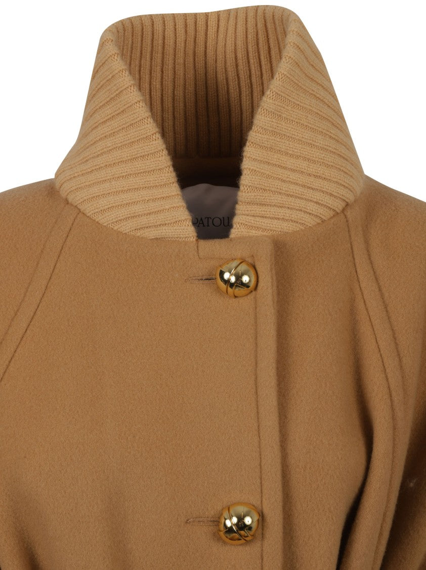 Patou Long Belted Coat With High Ribbed Collar