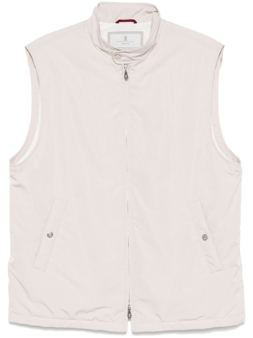 Brunello Cucinelli Sleeveless Ecru Coat With Mock Neck