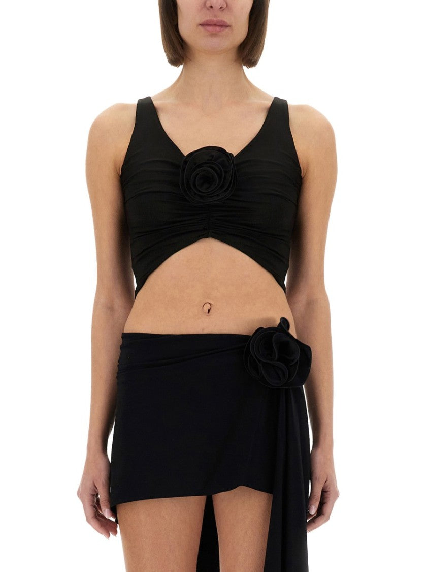 Magda Butrym Fitted Black Top With V-Neckline And Floral Embellishment