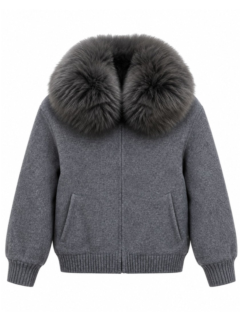 Yves Salomon Wool Bomber Jacket With Fox Fur Collar And Ribbed Details