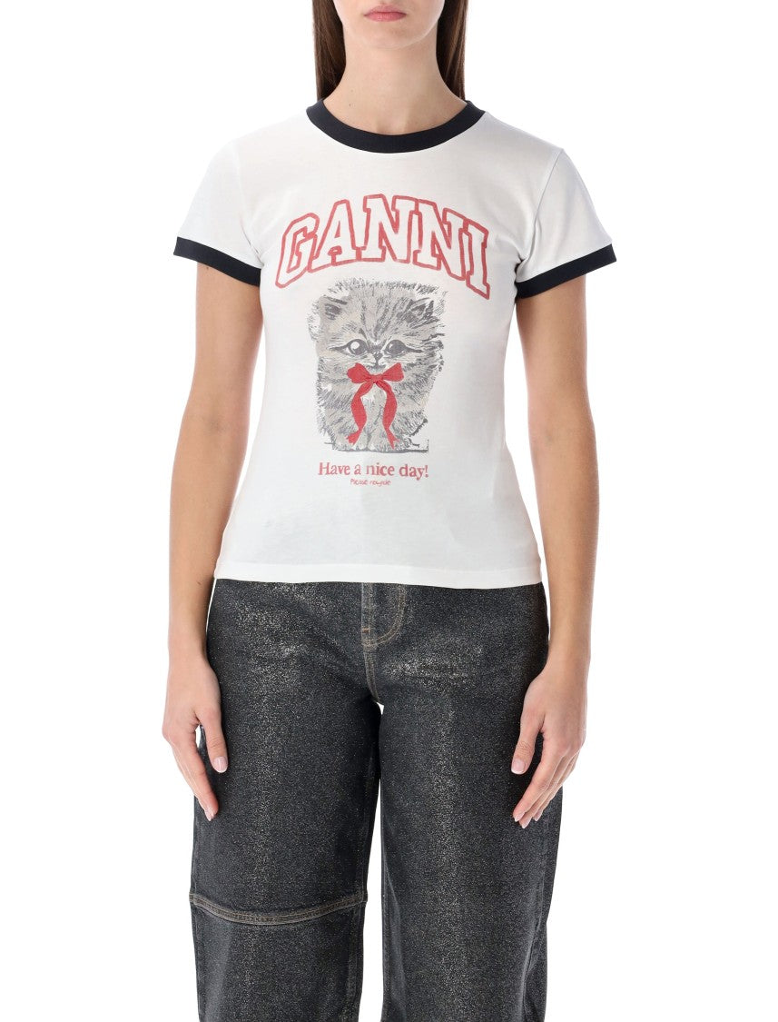 Ganni White Cropped Kitty T-Shirt