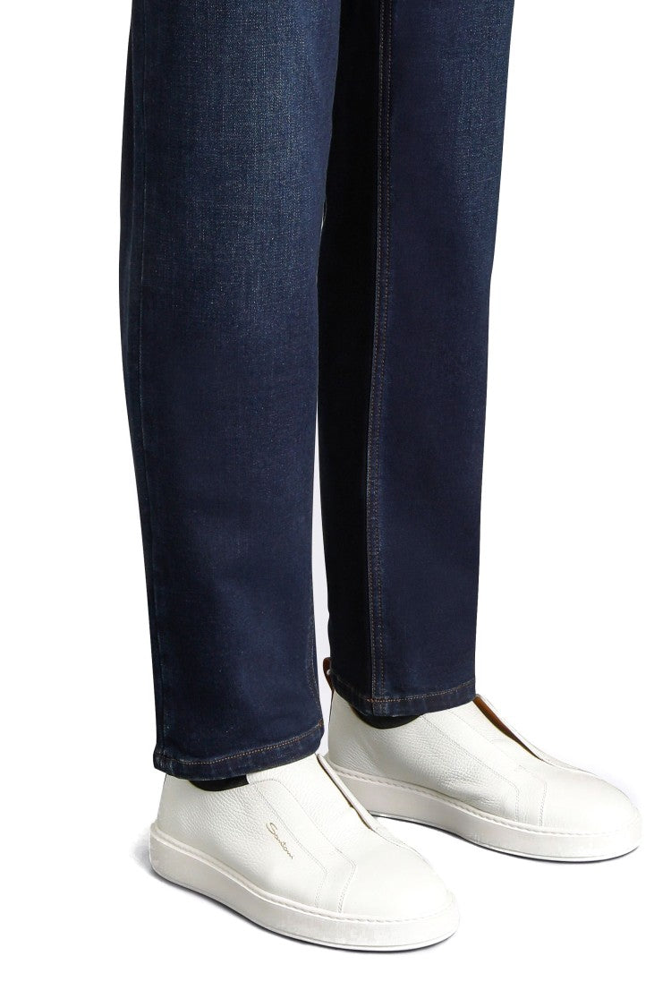 Santoni White Pebbled Leather Slip-On Sneakers
