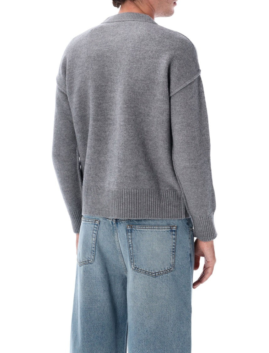 Ami Paris Minimalist Grey Knit Cardigan With Ami De Coeur Intarsia