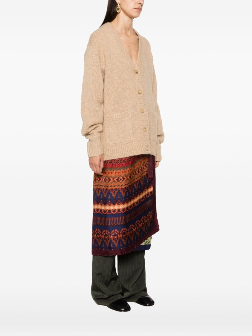Dries Van Noten Ecru Loose Fit Deep V-Neck Knit Cardigan