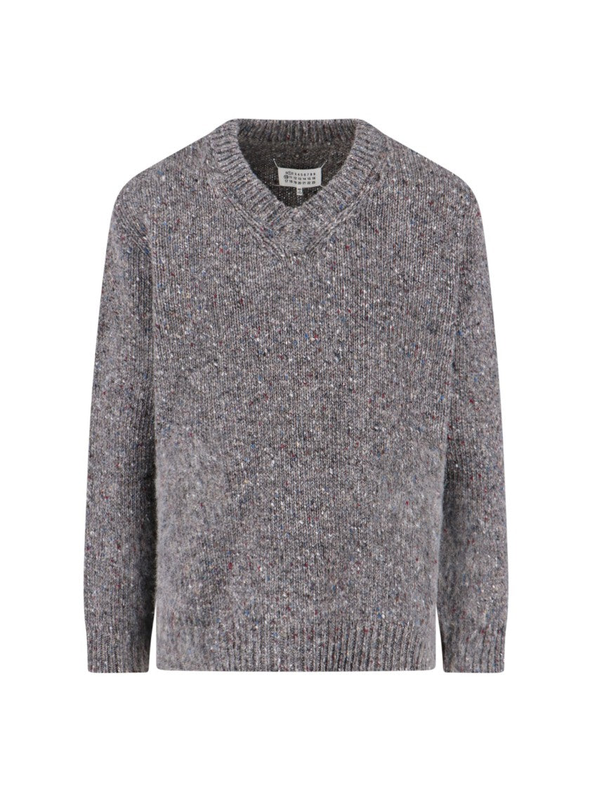 Maison Margiela Textured Knit V-Neck Sweater In Shades Of Grey