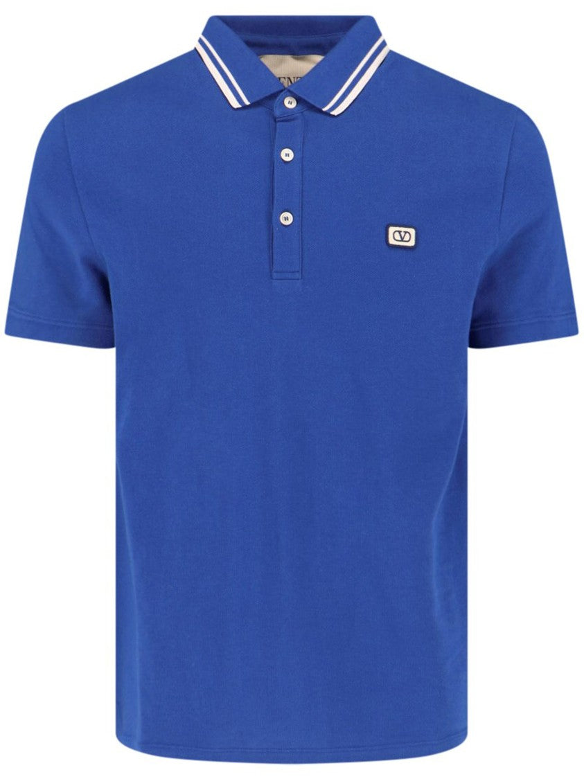 Valentino Blue Short-Sleeved Double Stripe Cotton Polo