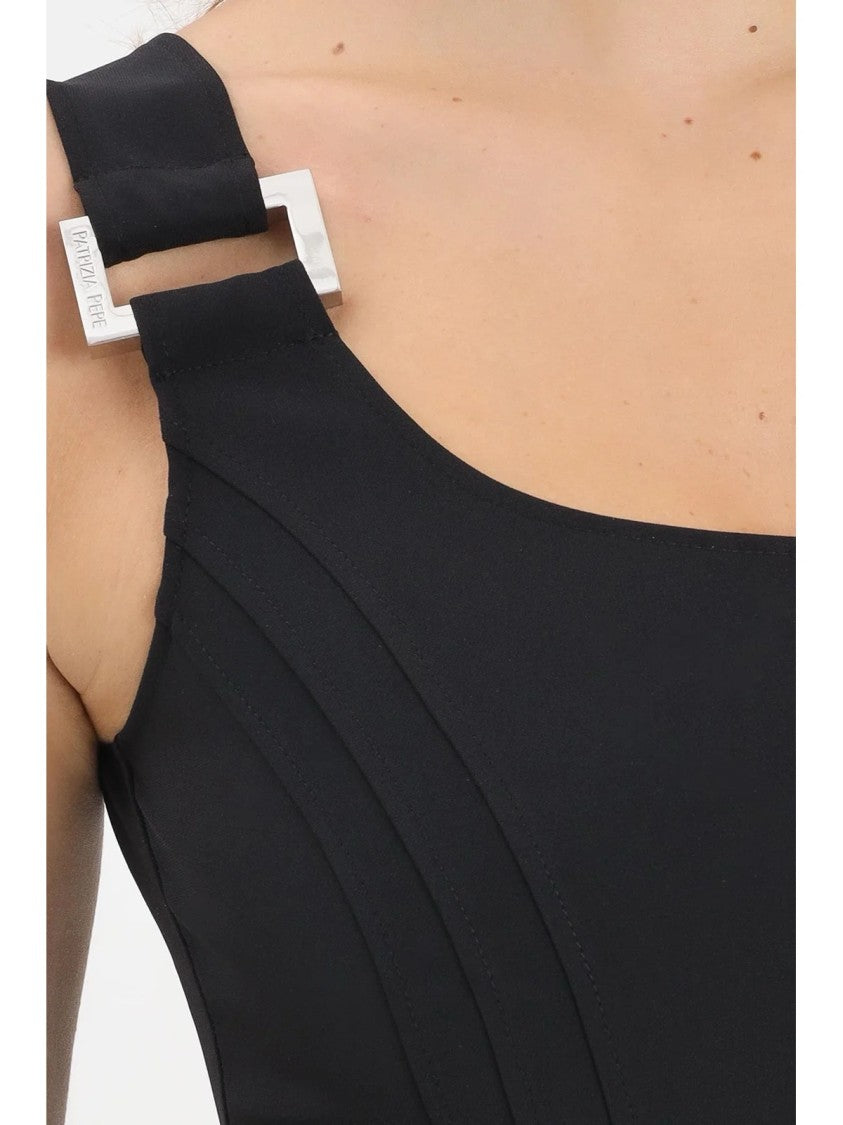 Patrizia Pepe Black Stretch Midi Dress With Square Neckline And Metallic Buckle