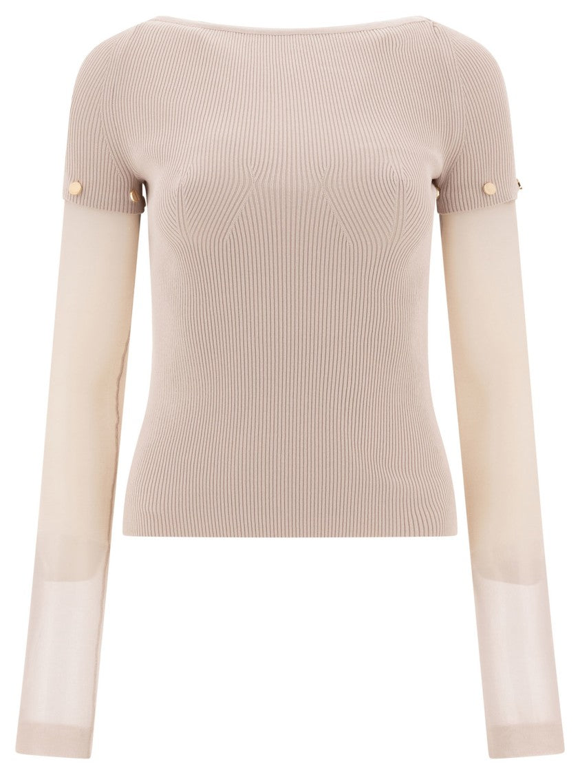 Max Mara Ribbed Cotton T-Shirt With Sheer Sleeves