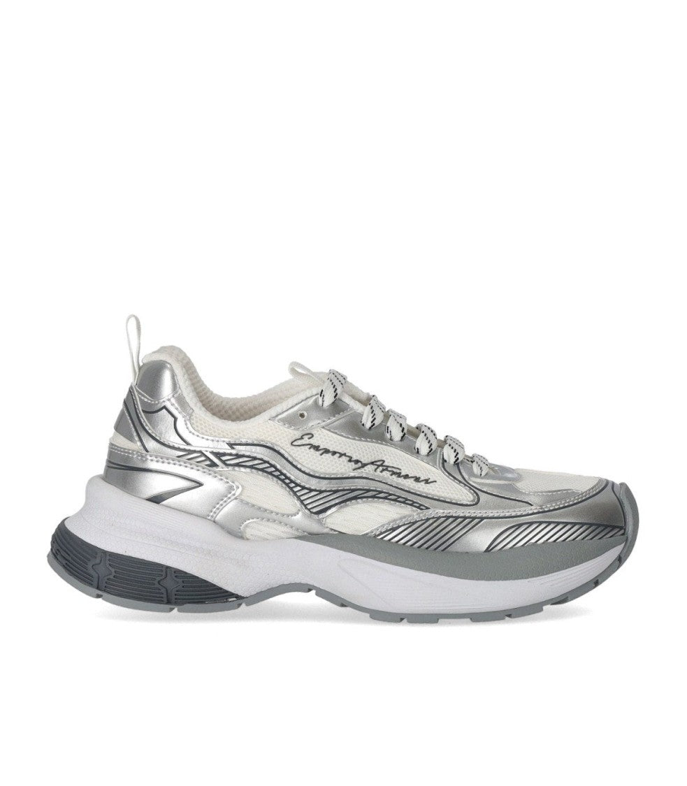 Emporio Armani Laminated Faux Leather And Mesh Silver Sneaker