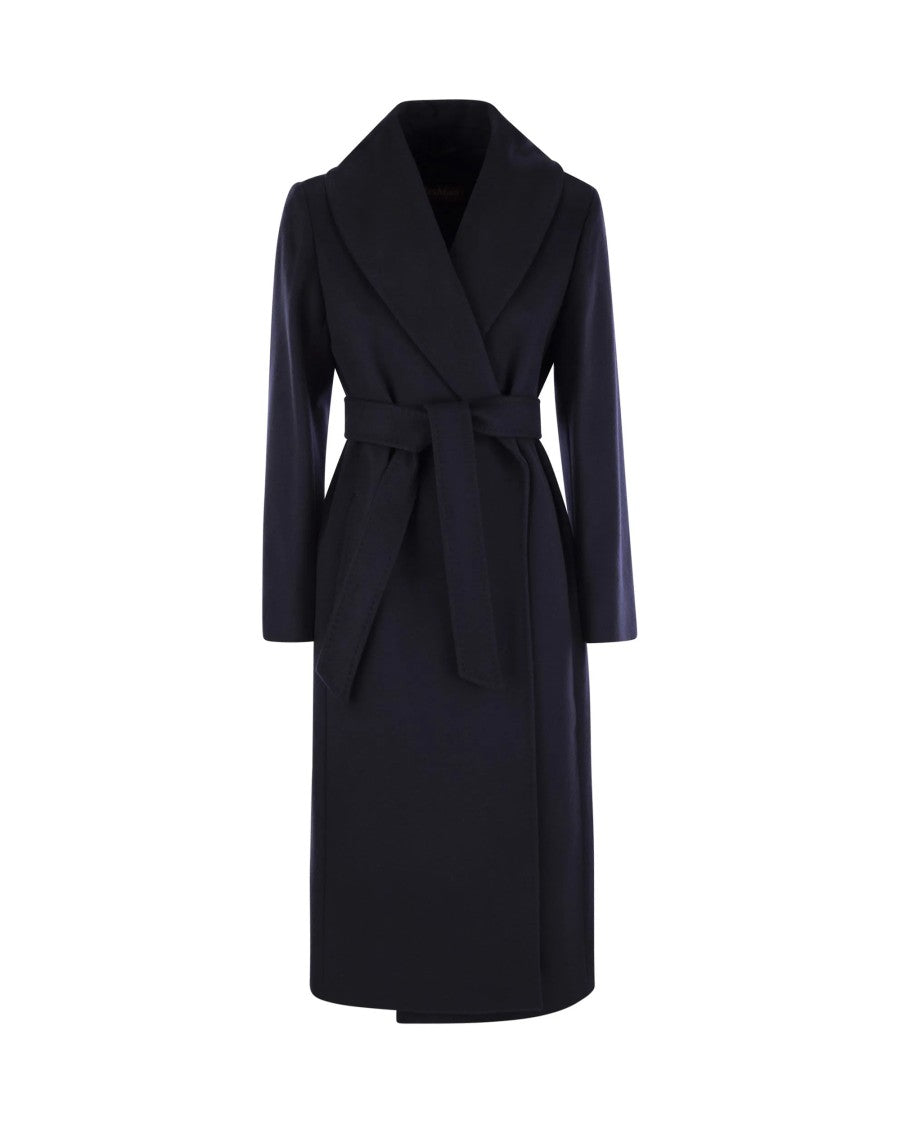 Max Mara Long Shawl Collar Coat With Waist Belt And Decorative Topstitching