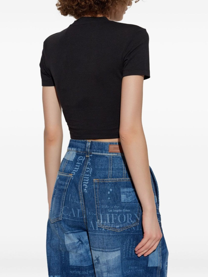 Palm Angels Cropped T-Shirt With Gothic Fuchsia Print