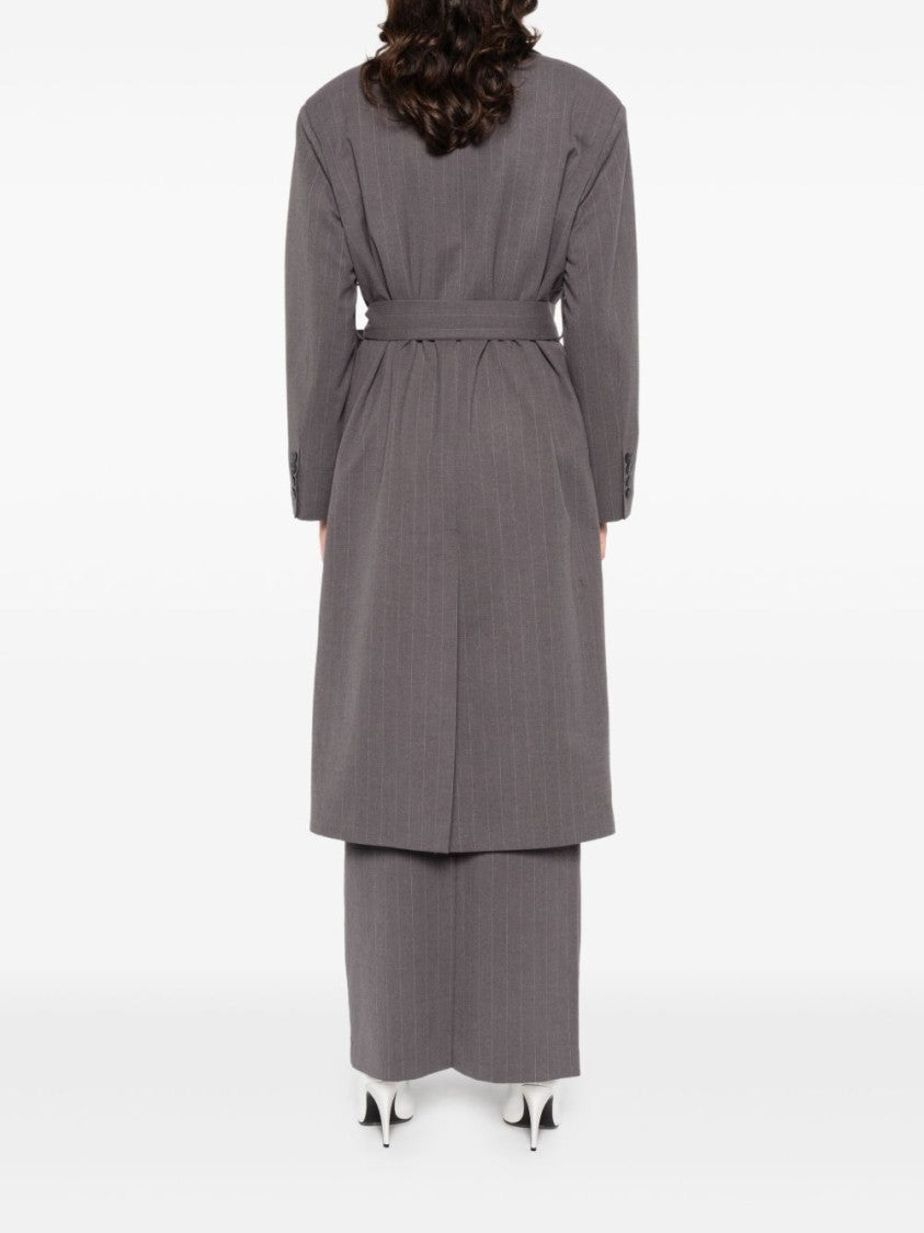 The Nina Studio Pinstripe Belted Coat With Peak Lapels And Tailored Silhouette