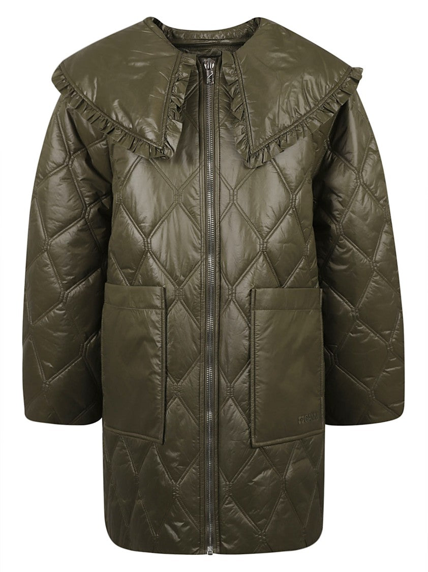 Ganni Quilted Green Coat With Oversized Collar