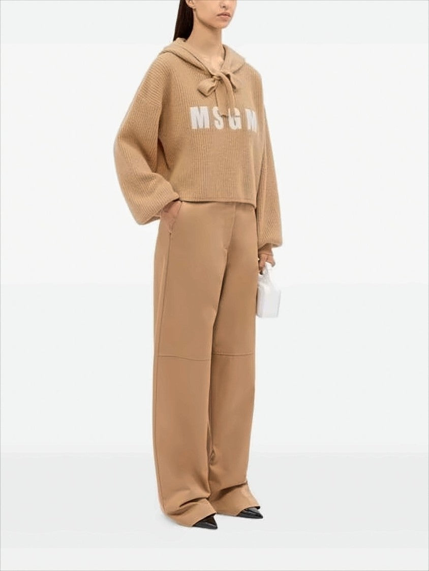 Msgm Ribbed Knit Cropped Hoodie With Graphic Lettering