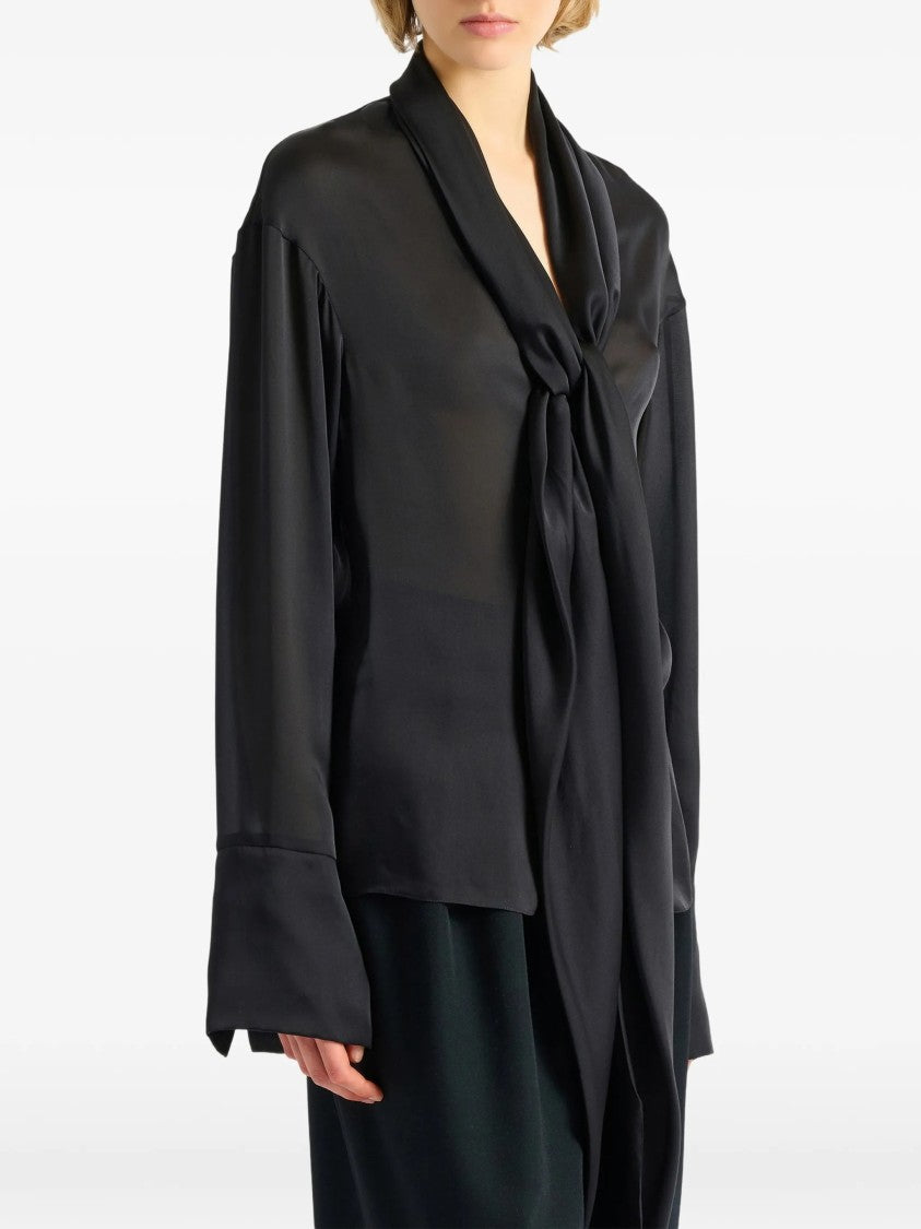 Balmain Black Silky Tie-Neck Shirt