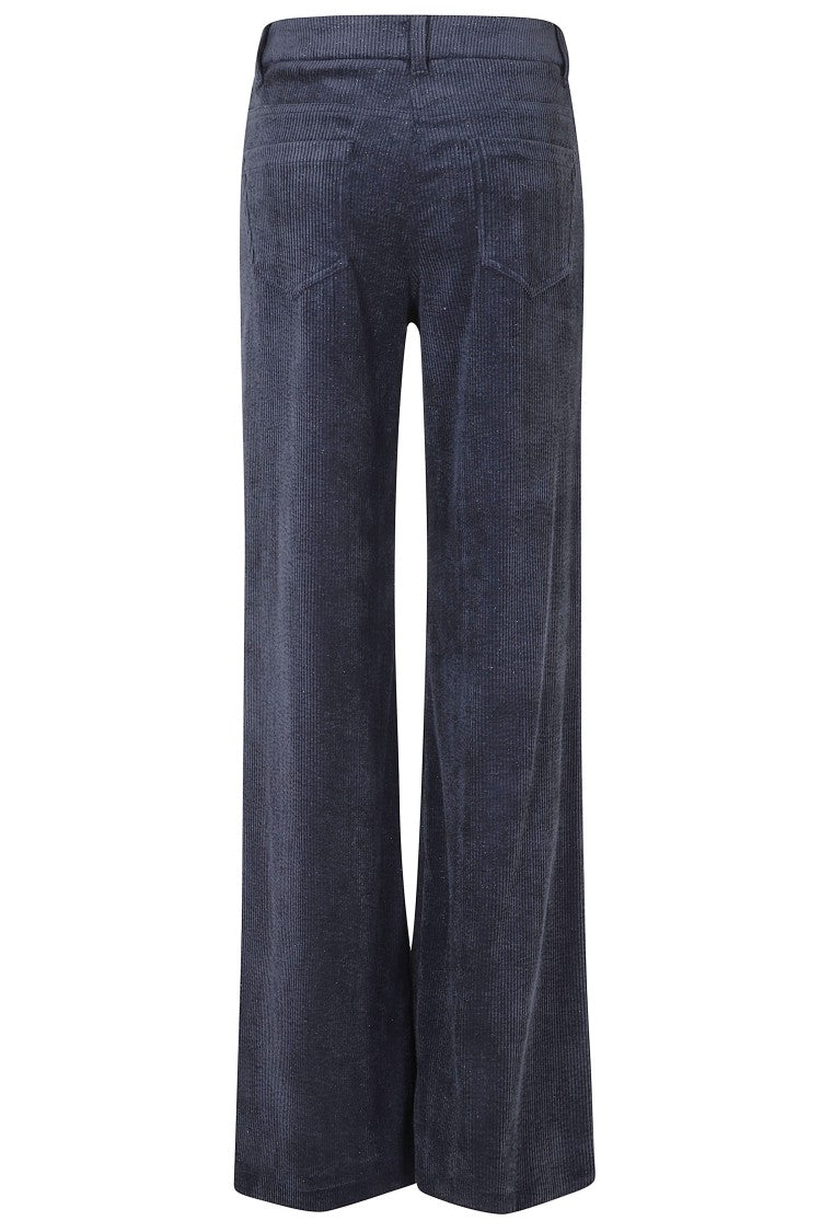 Ermanno Firenze Blue Glossy Ribbed Velvet Straight-Leg Pants
