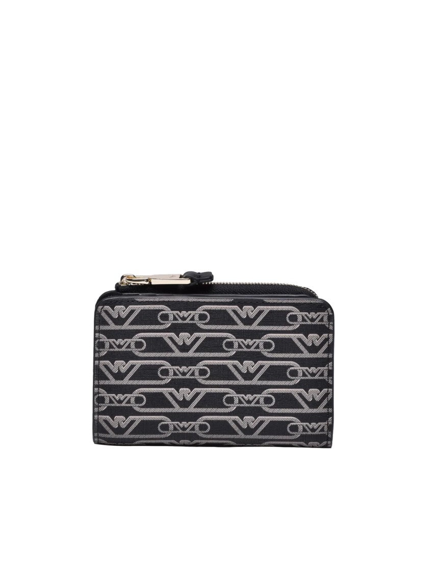 Emporio Armani Black Beige Patterned Polyester Zip Wallet