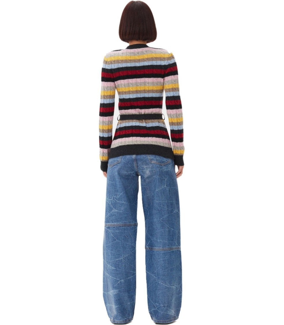 Ganni Multicolor Striped Cardigan With Belt