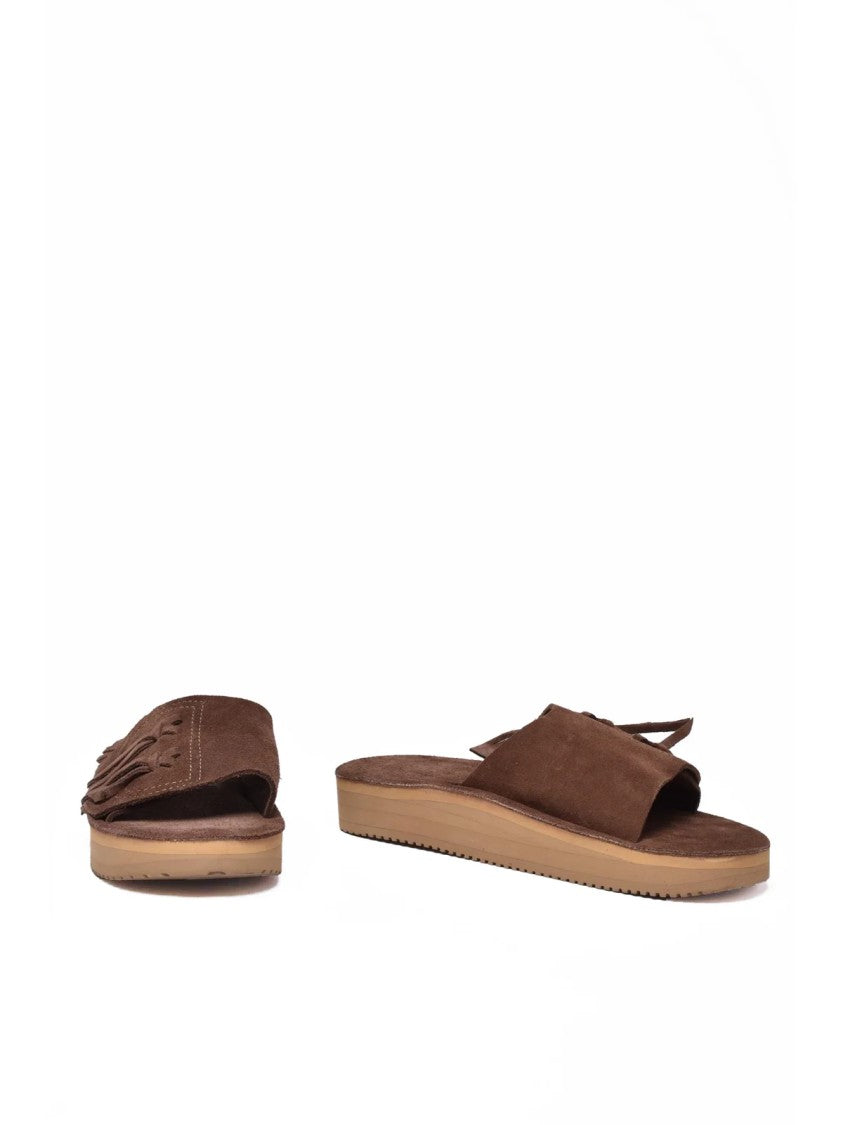 Corbi & Sons Brown Soft Suede Fringe Knot Slide Sandals