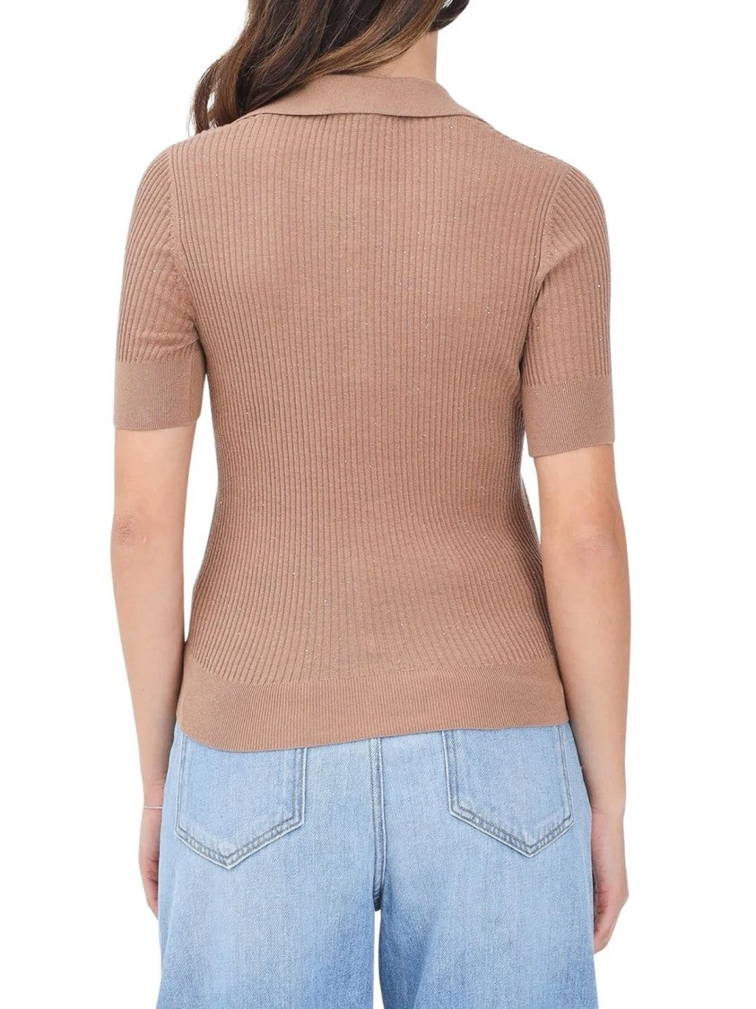 Max Mara Ribbed Knit Brown Sweater With Silk-Wool Blend