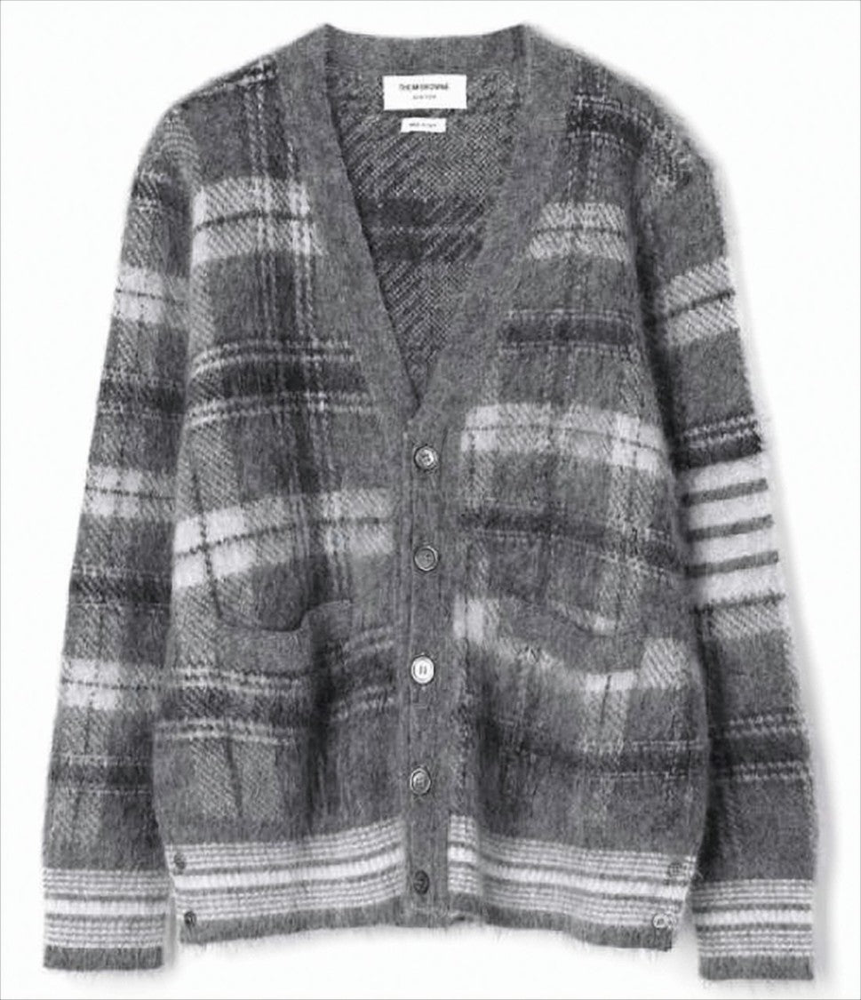 Thom Browne Plaid Textured Knit Cardigan With Contrasting Striped Details