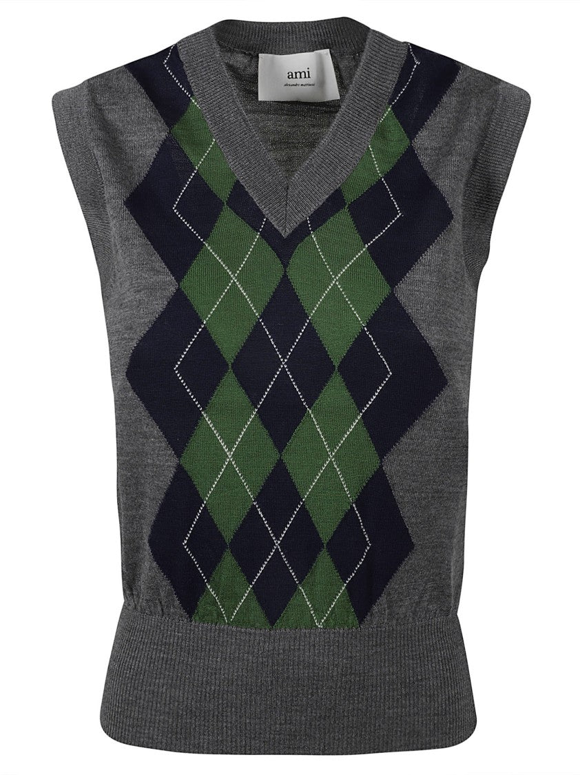 Ami Sleeveless Wool Vest With Classic Argyle Pattern
