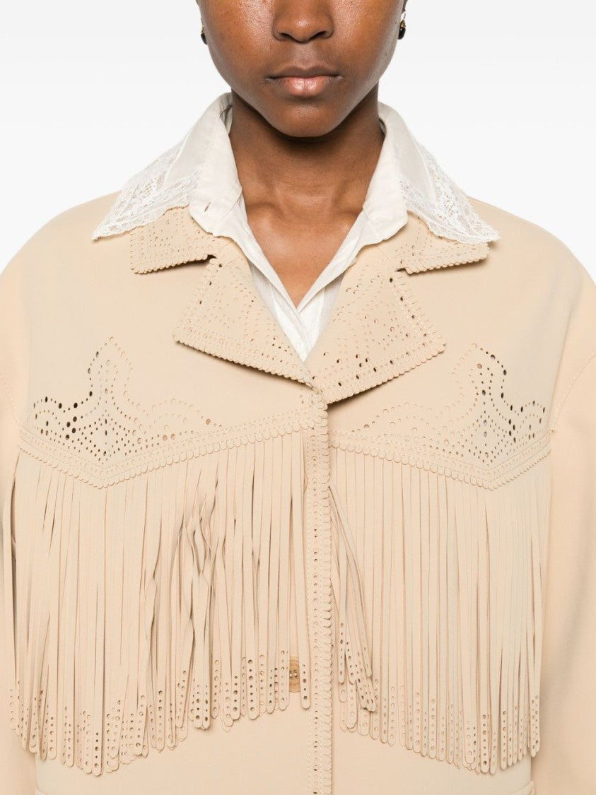 Ermanno Scervino Beige Relaxed-Fit Jacket With Decorative Fringe And Perforated Detailing