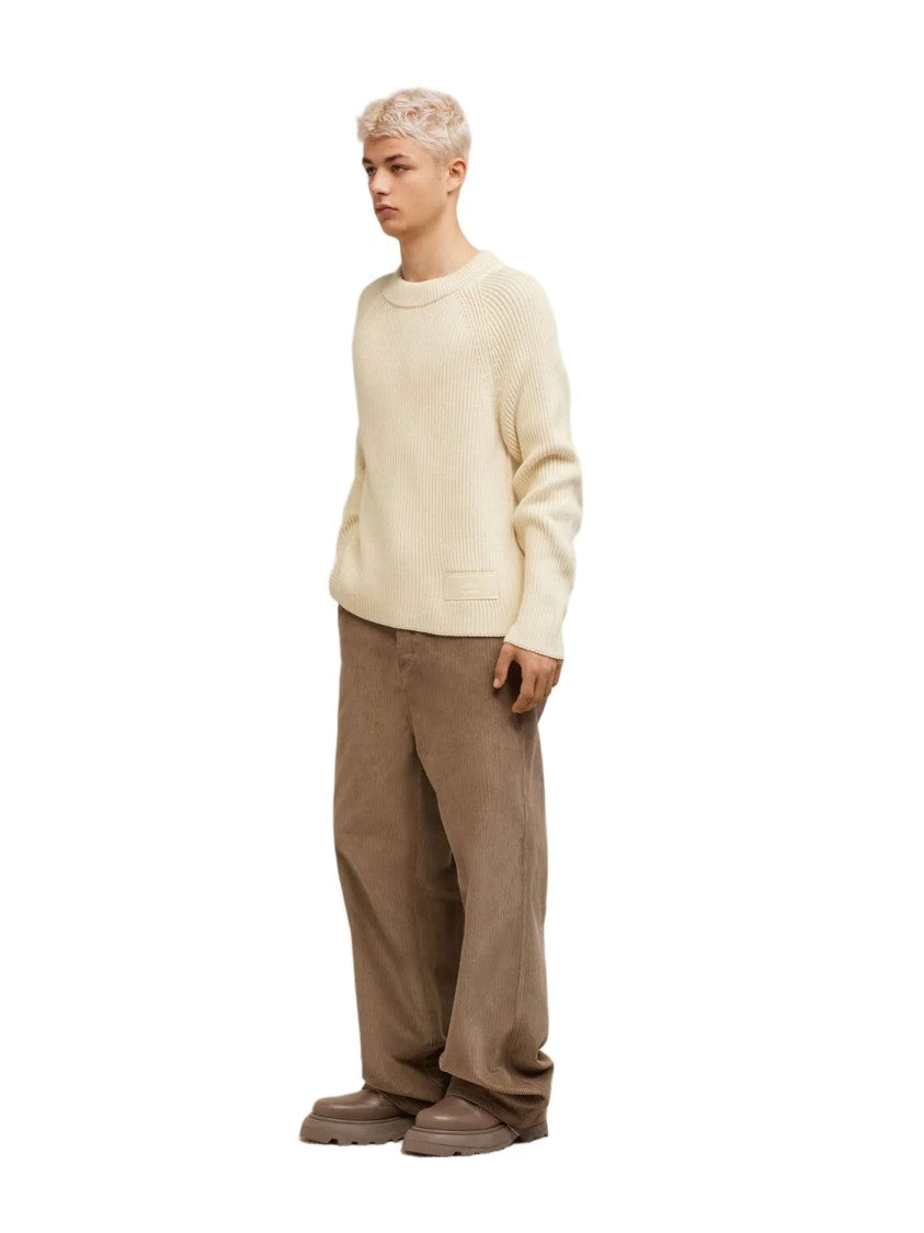 Ami Paris Ecru-Beige Ribbed Crew-Neck Sweater